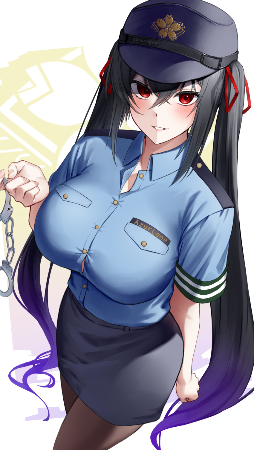 1girl azur_lane black_hair black_pantyhose breasts cuffs handcuffs hat highres large_breasts long_hair pantyhose police police_hat police_uniform red_eyes shirt short_sleeves skirt taihou_(azur_lane) uniform very_long_hair yorugami_rei