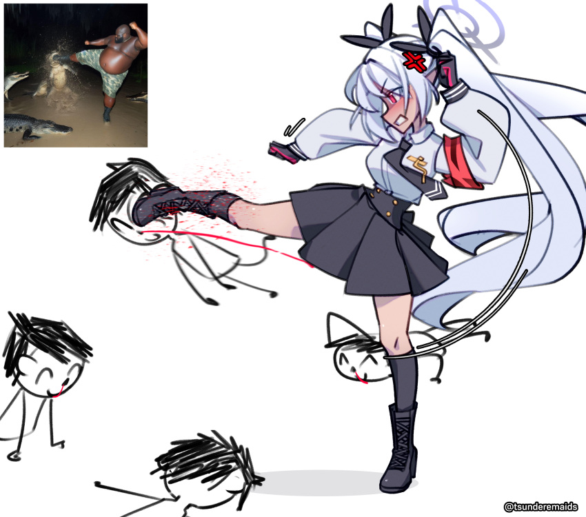 1girl ai-generated_art_(topic) alligator_kick_(meme) anger_vein angry armband aroused_nosebleed black_footwear black_necktie black_skirt black_socks blood blue_archive boots clone collared_shirt commentary dark-skinned_female dark_skin doodle_sensei_(blue_archive) full_body grey_hair highres iori_(blue_archive) kicking long_hair long_sleeves meme miniskirt motion_lines necktie nosebleed pleated_skirt puffy_long_sleeves puffy_sleeves red_eyes reference_inset sensei_(blue_archive) shirt simple_background skirt socks standing standing_on_one_leg tsunderemaids twintails twitter_username very_long_hair white_background white_shirt