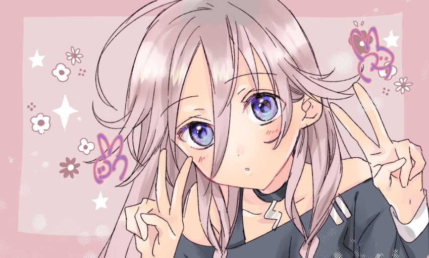 1girl :o bare_shoulders black_choker black_shirt blush border choker double_v grey_hair hair_between_eyes hands_up ia_(vocaloid) kusonoki layered_shirt long_hair long_sleeves looking_at_viewer off-shoulder_shirt off_shoulder outside_border pendant_choker pink_background pink_border purple_eyes shirt solo spaghetti_strap upper_body v vocaloid