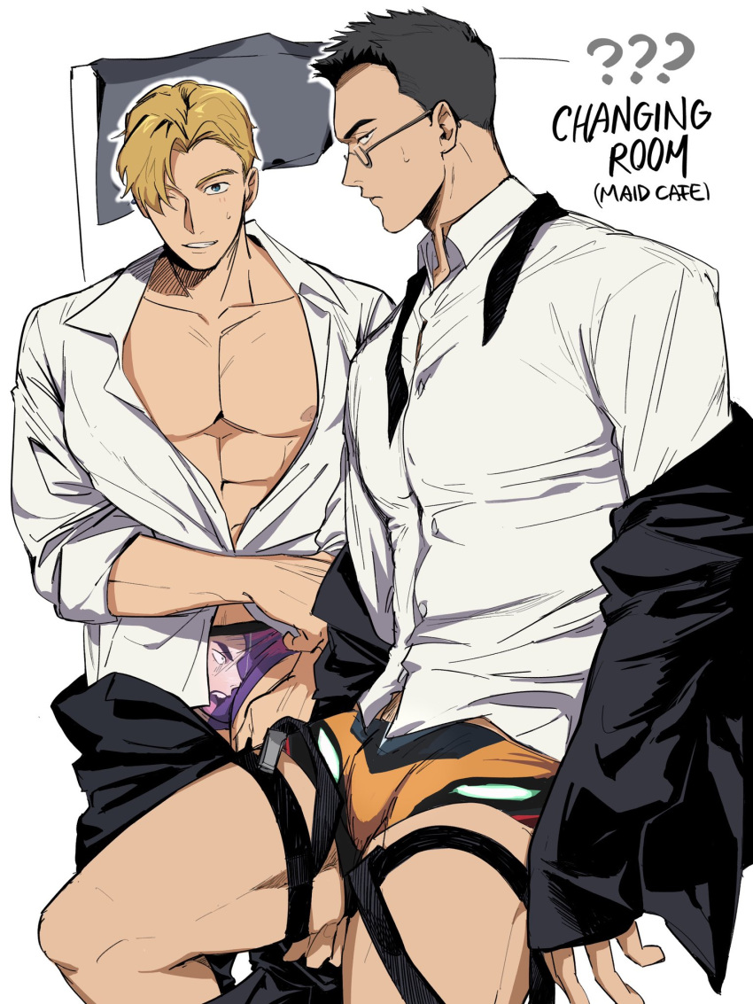 2boys ao_isami bare_pectorals bespectacled black_hair blonde_hair boxer_briefs bravern character_print cowboy_shot dressing english_text facial_hair glasses highres implied_yaoi komodo1234567 lewis_smith looking_at_viewer male_focus male_underwear multiple_boys necktie official_alternate_costume pectorals print_male_underwear sideburns_stubble sitting stubble suit thick_eyebrows thighs toned toned_male underwear undone_necktie yuuki_bakuhatsu_bang_bravern