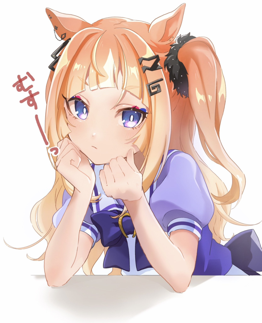 1girl animal_ears bow bowtie closed_mouth ear_piercing elbow_rest espoir_city_(umamusume) hair_ornament hairclip highres horse_ears long_hair looking_at_viewer moko39_takasora one_side_up orange_hair piercing purple_eyes purple_shirt sailor_collar school_uniform shirt short_hair short_sleeves solo tracen_school_uniform translation_request umamusume white_background