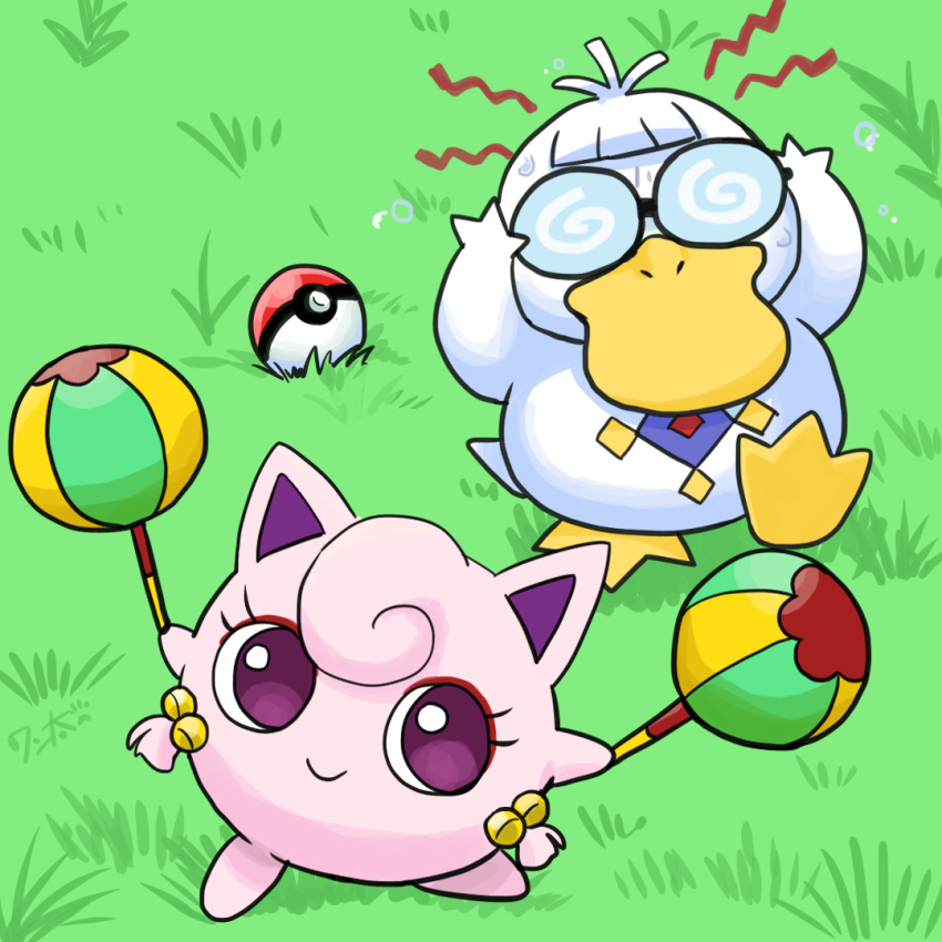 2others beak bird chui_(weapon) coke-bottle_glasses colored_skin cosplay duck feathers glasses hair_ornament hands_on_own_head holding holding_weapon jigglypuff jigglypuff_(cosplay) mousse_(ranma_1/2) multiple_others on_grass pink_skin poke_ball pokemon psychic_(pokemon_move) psyduck psyduck_(cosplay) purple_eyes ranma_1/2 shampoo_(ranma_1/2) smile tail wanta_(futoshi) weapon white_feathers