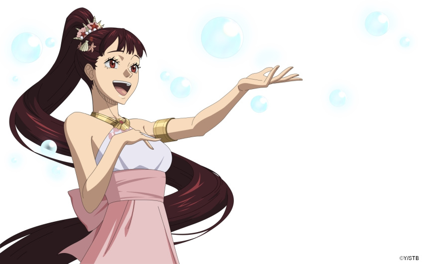 1girl armlet armpits bare_shoulders black_clover black_clover_m:_rise_of_the_wizard_king brown_eyes brown_hair bubble gold_armlet high_ponytail kahono long_hair official_alternate_costume official_art open_mouth pink_skirt ponytail shell_hair_ornament shirt simple_background skirt sleeveless sleeveless_shirt solo teeth upper_teeth_only very_long_hair white_background white_shirt