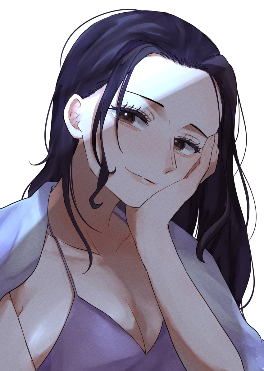 1girl amaguri_op black_hair blue_eyes brown_eyes camisole cardigan cardigan_on_shoulders close-up eyelashes hand_on_own_cheek hand_on_own_face highres light_smile long_hair looking_to_the_side nico_robin one_piece purple_camisole sidelocks simple_background smile solo upper_body white_background