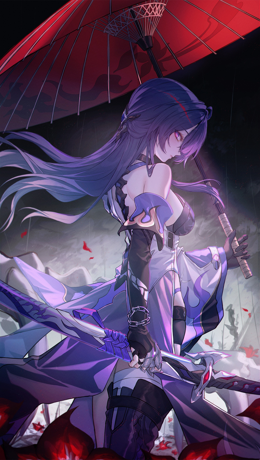 1girl acheron_(honkai:_star_rail) bandaged_leg bandages bare_shoulders black_choker black_gloves black_shorts breasts chain chain_around_arm choker commentary flower gloves hair_ornament highres holding holding_sword holding_umbrella holding_weapon honkai:_star_rail honkai_(series) katana legs long_hair long_sleeves looking_at_viewer neon_(pixiv_31150749) purple_eyes purple_hair red_umbrella short_shorts shorts sideboob solo sword umbrella very_long_hair weapon