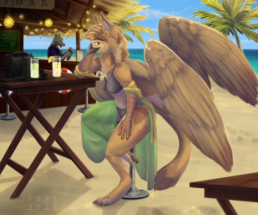 anthro avian background_character bag bartender beach beverage bikini bird canid canine cielofork clothed clothing digitigrade dress duo eastern_screech_owl feathered_wings feathers felid feline female furniture gryphon hi_res lemonade looking_at_viewer male mammal mythological_avian mythological_creature mythology off_shoulder owl pallas's_cat palm_tree partially_clothed plant screech_owl side_eye sitting solo_focus sona_(noxiis) stool sundress swimwear tree true_owl wings