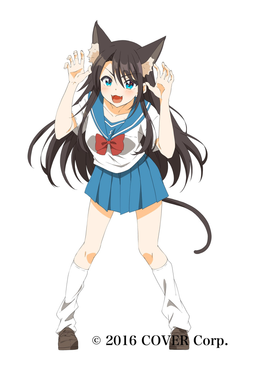 1girl :3 :d animal_ear_fluff animal_ears black_hair blue_eyes blue_sailor_collar blue_skirt blush brown_footwear claw_pose collarbone commentary_request copyright_notice extra_ears fangs hair_over_shoulder hand_on_own_chest hands_up highres hololive homura_minori leaning_forward leg_warmers legs_apart loafers long_hair looking_at_viewer miniskirt navel neck_ribbon official_alternate_costume official_art oozora_subaru pleated_skirt red_ribbon ribbon sailor_collar school_uniform serafuku shirt shoes short_hair short_sleeves sidelocks simple_background skirt smile solo standing swept_bangs tail v-shaped_eyebrows virtual_youtuber white_background white_leg_warmers white_shirt