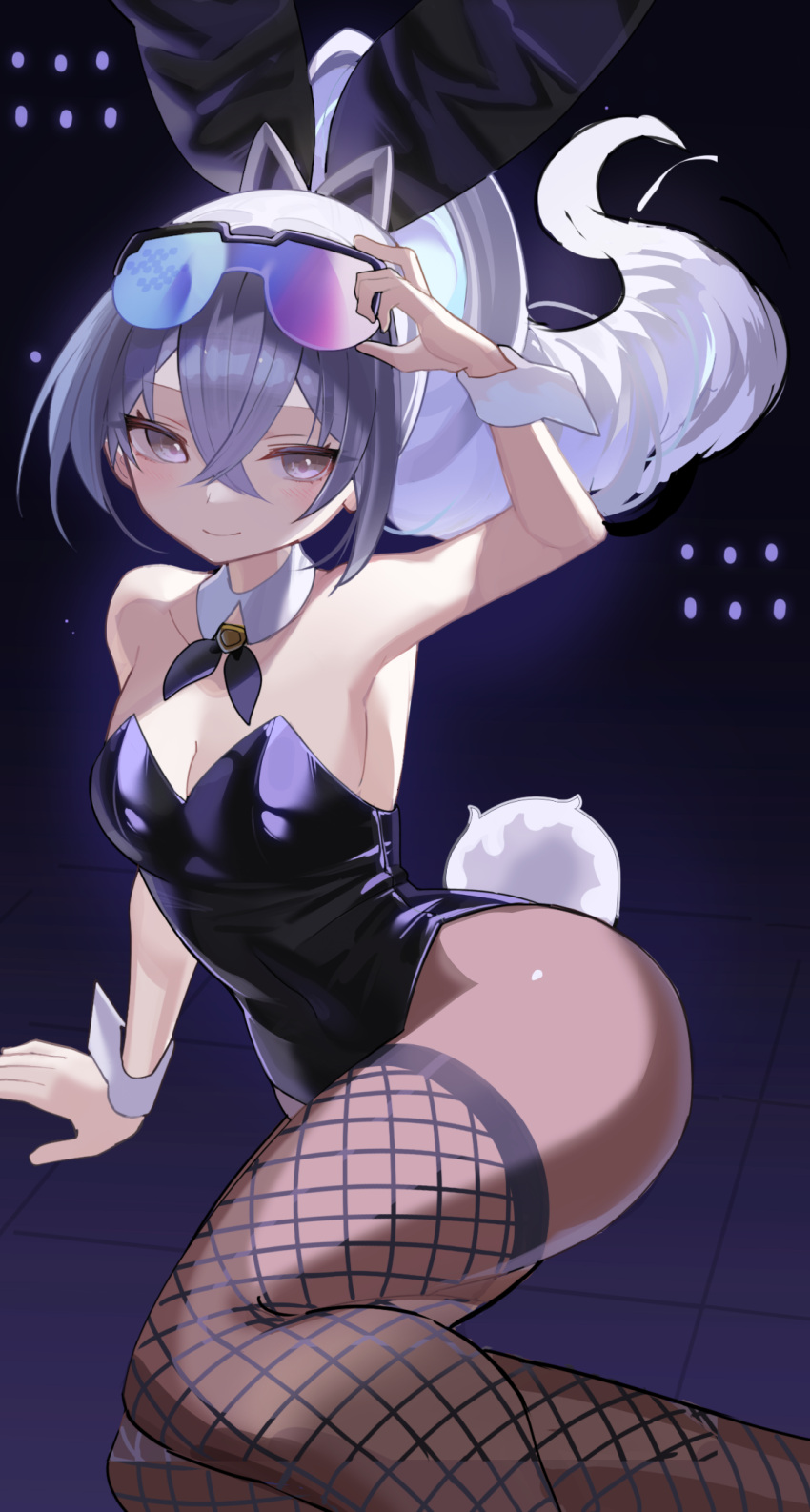 1girl alternate_costume animal_ears bare_shoulders black_leotard breasts brown_pantyhose cleavage closed_mouth crossed_bangs detached_collar eyewear_on_head fake_animal_ears fake_tail falken_(yutozin) fishnet_thighhighs fishnets grey_eyes grey_hair hair_between_eyes highres honkai:_star_rail honkai_(series) leotard looking_at_viewer medium_breasts pantyhose playboy_bunny rabbit_ears rabbit_tail silver_wolf_(honkai:_star_rail) smile solo sunglasses tail thighhighs