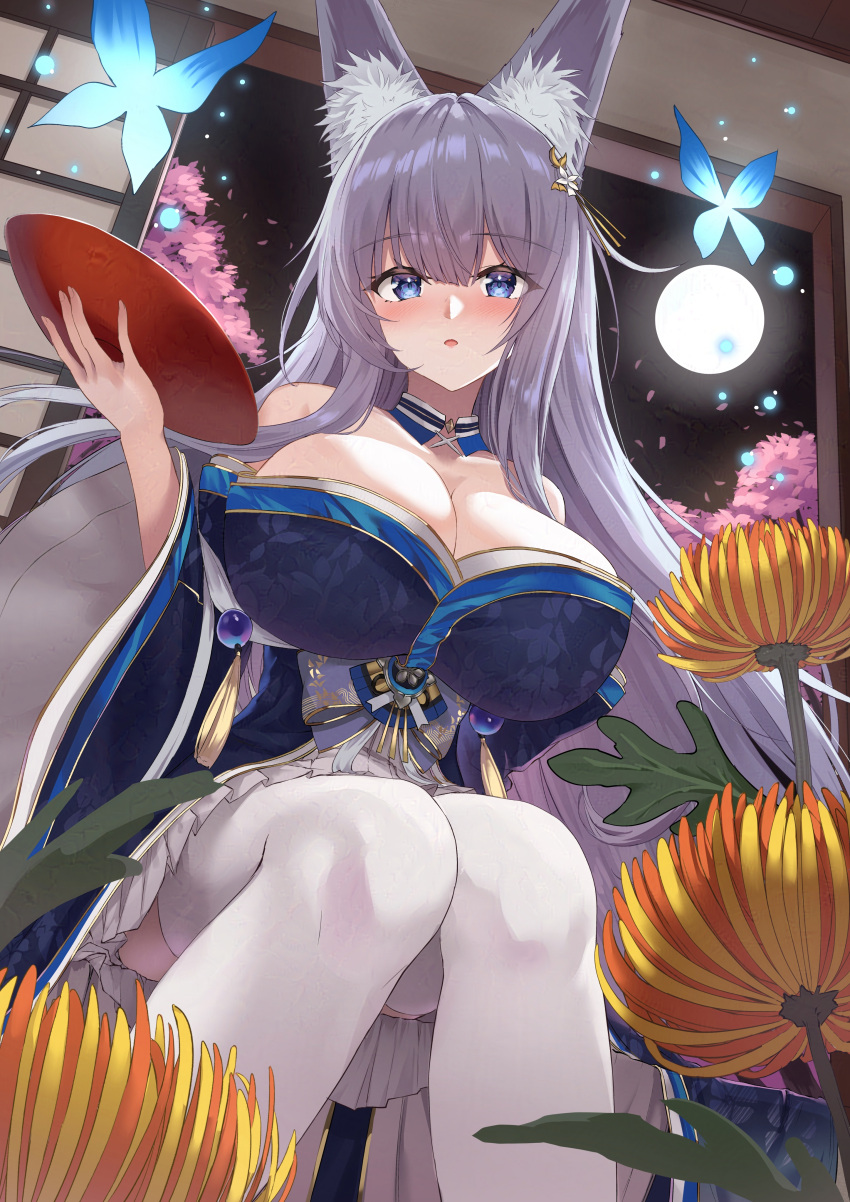 1girl absurdres animal_ear_fluff animal_ears azur_lane bare_shoulders blue_butterfly blue_eyes blush breasts bug butterfly cleavage flower fox_ears fox_girl from_below full_moon gold_trim grey_hair highres huge_breasts knees_together_feet_apart long_hair looking_at_viewer miniskirt moon night night_sky orange_flower pleated_skirt shinano_(azur_lane) sitting skirt sky solo thighhighs very_long_hair white_skirt white_thighhighs wrist_flower yanazawa_ko