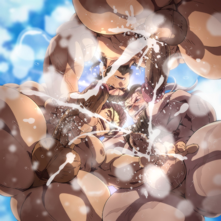 3boys abs bara bare_pectorals beard brown_eyes brown_hair cloud crossed_arms cum ejaculation erection eugen_(granblue_fantasy) eyepatch facial_hair from_below granblue_fantasy grey_eyes grey_hair group_sex handjob highres jin_(granblue_fantasy) konohanaya large_pectorals long_hair male_focus male_pubic_hair mature_male mmm_threesome multiple_boys muscular muscular_male nipples old old_man outdoors pectorals penis projectile_cum pubic_hair scar soriz testicles thick_thighs thighs threesome uncensored veins yaoi