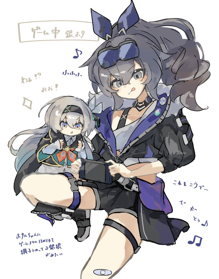 2girls :o :q akizuwa black_hairband black_jacket collared_shirt crop_top cropped_jacket drill_hair drill_ponytail eyewear_on_head firefly_(honkai:_star_rail) grey_eyes grey_hair hair_between_eyes hairband halterneck handheld_game_console highres holding holding_handheld_game_console honkai:_star_rail honkai_(series) jacket long_sleeves midriff multiple_girls open_clothes open_jacket ribbon shirt shorts silver_wolf_(honkai:_star_rail) single-shoulder_shirt smile tongue tongue_out two-tone_eyes