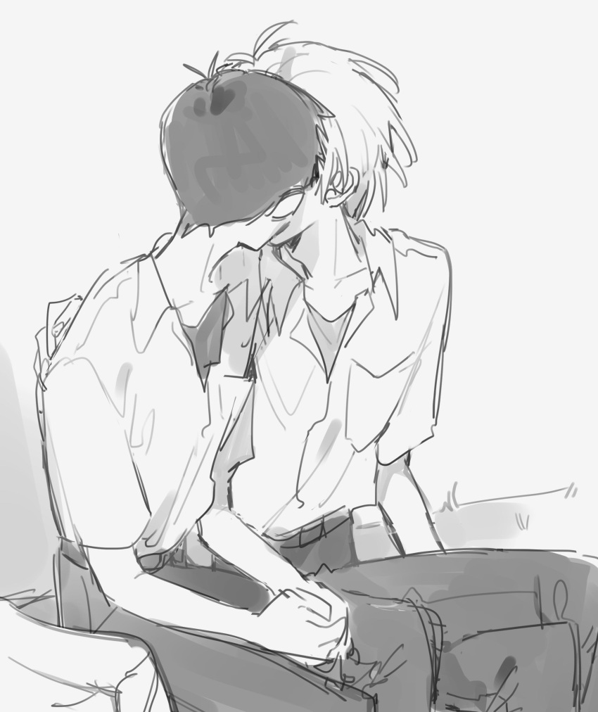 2boys absurdres greyscale hand_on_another's_back highres ikari_shinji kiss male_focus mogutofuoes monochrome multiple_boys nagisa_kaworu neon_genesis_evangelion own_hands_together rebuild_of_evangelion shirt short_hair sitting sketch white_background white_hair white_shirt yaoi