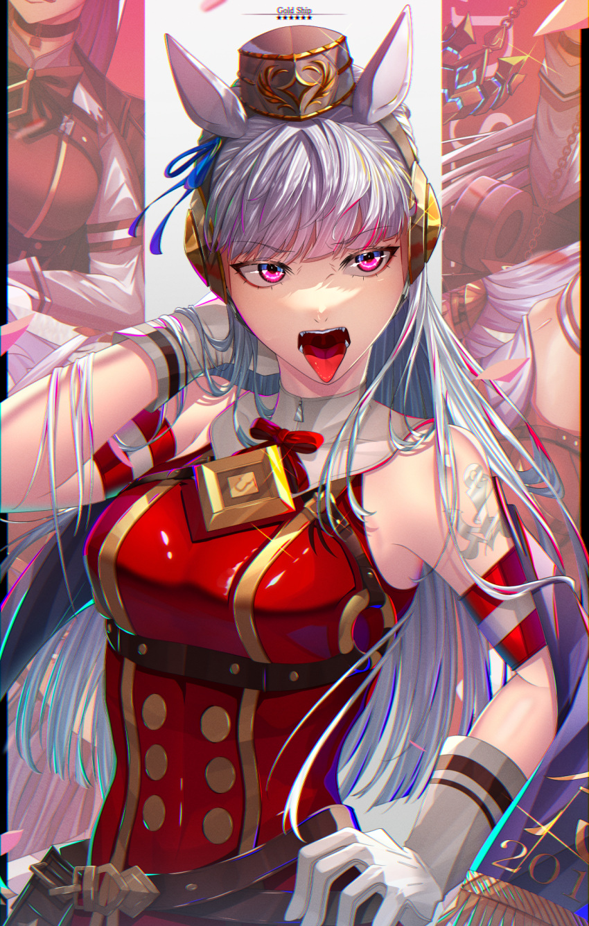 1girl amekudaki animal_ears bare_shoulders blush bow brown_hat commentary_request dress ear_bow gloves gold_ship_(umamusume) grey_hair hand_on_own_hip highres horse_ears horse_girl long_hair looking_at_viewer notice_lines open_mouth pillbox_hat purple_bow red_bow red_dress smile solo tongue tongue_out umamusume upper_body white_gloves