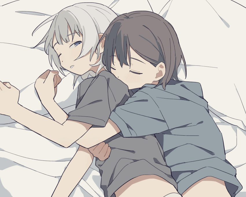 2girls bang_dream! bang_dream!_it's_mygo!!!!! blue_eyes blush closed_eyes coldcat. commentary grey_hair grey_shirt highres hug hug_from_behind kaname_raana lying multiple_girls one_eye_closed shirt short_hair short_sleeves sleeping symbol-only_commentary takamatsu_tomori white_hair yuri