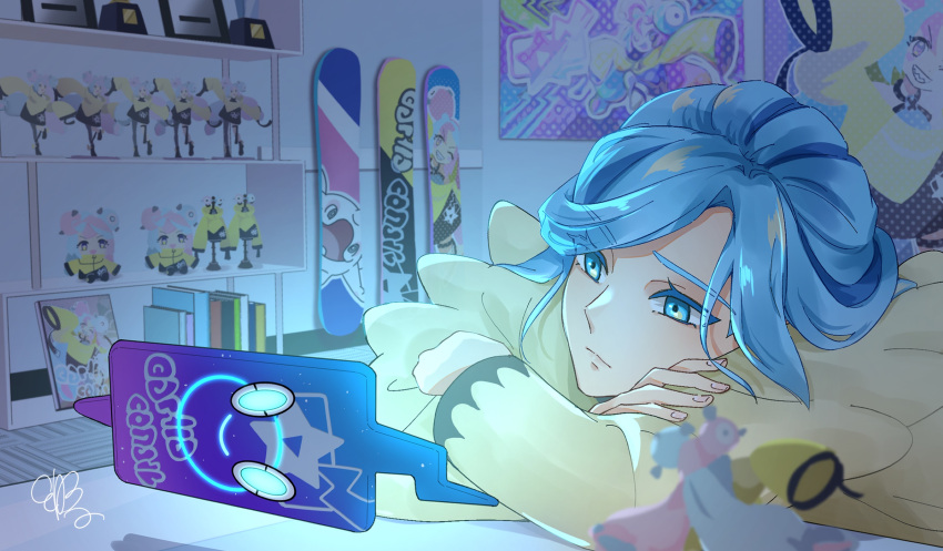 1boy blue_eyes blue_hair cellphone cetoddle crossed_arms figure grusha_(pokemon) highres indoors iono_(pokemon) looking_at_phone lying medium_hair on_stomach orrrrrrya otoko_no_ko phone pokemon pokemon_(creature) pokemon_sv poster_(object) rotom rotom_phone signature smartphone snowball snowboard solo stuffed_toy