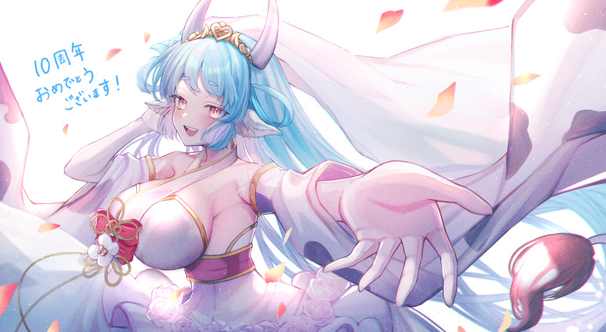 absurdres animal_ears animal_print blue_hair blush breasts bridal_veil bride catura_(granblue_fantasy) cow_ears cow_print cowdraph detached_sleeves draph dress granblue_fantasy highres huge_breasts light_blue_hair looking_at_viewer orange_eyes outstretched_arm sideboob smile takanishi_takashi upper_body veil wedding_dress