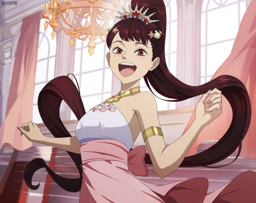 1girl armlet armpits bare_shoulders black_clover black_clover_m:_rise_of_the_wizard_king blush brown_eyes brown_hair chandelier gold_armlet high_ponytail indoors kahono long_hair looking_at_viewer official_alternate_costume official_art open_mouth pink_curtains pink_skirt ponytail shell_hair_ornament shirt skirt sleeveless sleeveless_shirt solo teeth upper_teeth_only very_long_hair white_shirt window