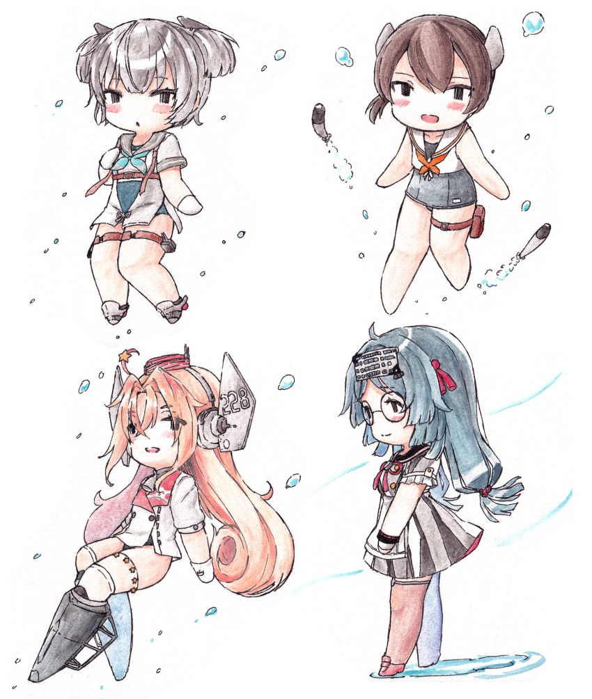 4girls black_hair brown_hair chibi closed_mouth crossed_bangs drum_(kancolle) glasses gloves grey_hair grey_sailor_collar hair_between_eyes hair_ornament hair_ribbon hat headgear heian_maru_(kancolle) highres i-36_(kancolle) i-41_(kancolle) kantai_collection long_hair multiple_girls neckerchief one-piece_swimsuit parted_lips pink_hair poipoi_purin ribbon round_eyewear sailor_collar short_sleeves short_twintails simple_background star_(symbol) star_hair_ornament swimsuit thigh_strap thighhighs torpedo twintails very_long_hair white_background white_gloves white_sailor_collar