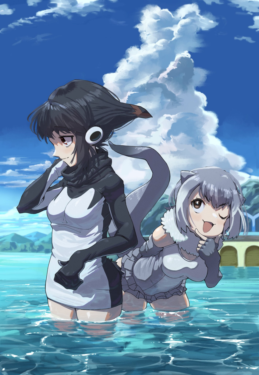 2girls adelie_penguin_(kemono_friends) animal_ears arm_behind_back bangs bent_over black_hair blue_sky brown_eyes brown_hair closed_mouth cloud day dress elbow_gloves fingerless_gloves fur_collar gloves grey_hair hand_on_own_chin hand_up headphones highres impossible_hair kemono_friends light_smile long_sleeves looking_at_another medium_hair microdress mountainous_horizon multicolored_hair multiple_girls one-piece_swimsuit one_eye_closed open_mouth otter_ears otter_girl otter_tail outdoors semikouen sky small-clawed_otter_(kemono_friends) smile stroking_own_chin swimsuit tail two-tone_hair v-shaped_eyebrows wading water