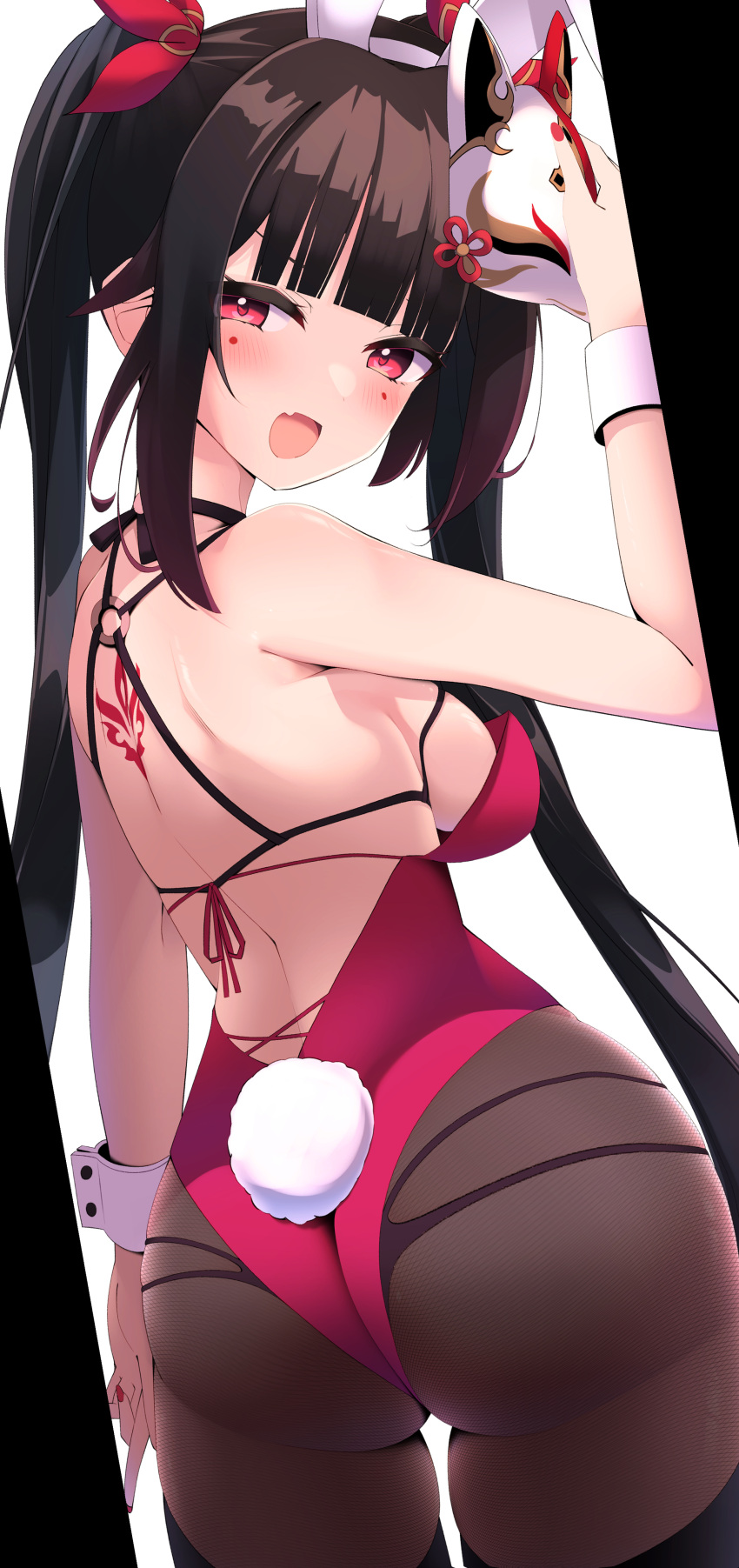 1girl absurdres animal_ears armpit_crease ass back_tattoo bare_shoulders black_hair blush breasts butterfly-shaped_pupils commentary_request cowboy_shot detached_sleeves dutch_angle fake_animal_ears fake_tail fingernails fox_mask from_behind highres honkai:_star_rail honkai_(series) leotard long_hair mask mask_on_head medium_breasts mole mole_under_each_eye mole_under_eye multiple_moles nail_polish open_mouth pink_eyes rabbit_ears rabbit_tail red_leotard red_nails simple_background smile sparkle_(honkai:_star_rail) symbol-shaped_pupils tail tattoo tetori_(tetolisto) twintails white_background white_wrist_cuffs wide_sleeves wrist_cuffs