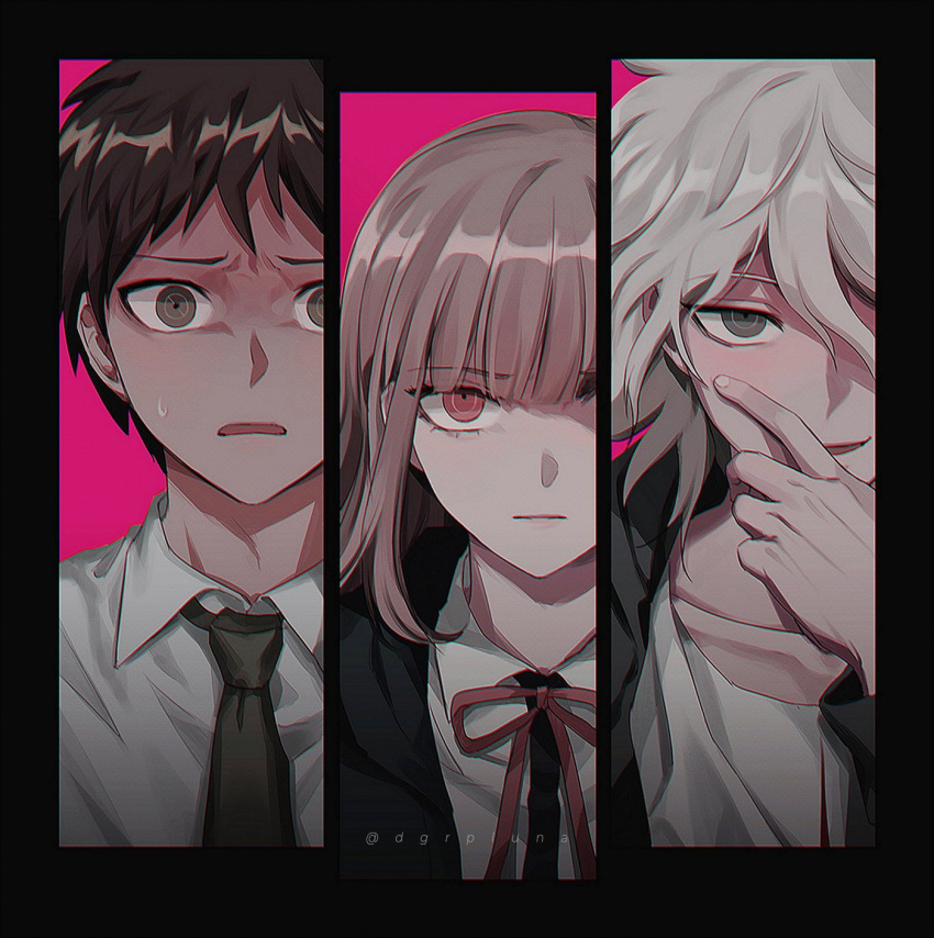 1girl 2boys black_border black_jacket blunt_bangs boleum_(dgrpluna) border brown_hair closed_mouth collarbone collared_shirt commentary danganronpa_(series) danganronpa_2:_goodbye_despair english_commentary evil_smile expressionless eyelashes finger_to_cheek frown furrowed_brow green_eyes green_jacket green_necktie green_sleeves hair_over_one_eye hand_on_own_chin highres hinata_hajime jacket komaeda_nagito long_hair long_sleeves looking_at_viewer messy_hair multiple_boys nanami_chiaki neck_ribbon necktie open_clothes open_jacket open_mouth pink_background pink_eyes pink_hair pink_lips red_ribbon ribbon scared shirt short_hair simple_background smile straight-on sweatdrop twitter_username upper_body white_hair white_shirt