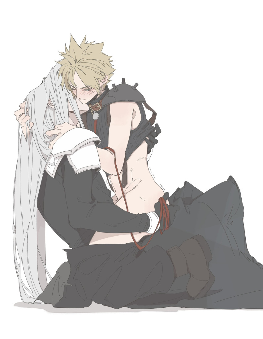2boys armor black_gloves black_shirt blonde_hair blush closed_mouth clothes_pull cloud_strife collar final_fantasy final_fantasy_vii final_fantasy_vii_remake full-face_blush gloves grey_hair hand_in_another's_hair hand_on_another's_ass highres kiss kissing_neck leash long_bangs long_hair mgt_85363 multiple_boys pants pants_pull sephiroth shirt shirt_pull shoulder_armor sitting sitting_on_lap sitting_on_person spiked_hair yaoi