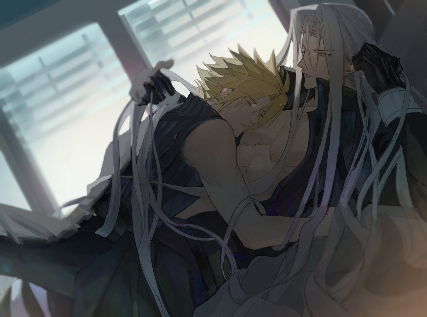 2boys acutecrane bed_sheet black_gloves black_pants black_shirt blonde_hair closed_eyes cloud_strife cuddling final_fantasy final_fantasy_vii gloves grey_hair highres jacket long_hair multiple_boys on_bed open_clothes open_jacket pants playing_with_own_hair sephiroth shirt simple_background sleeping sleeping_on_person spiked_hair window yaoi