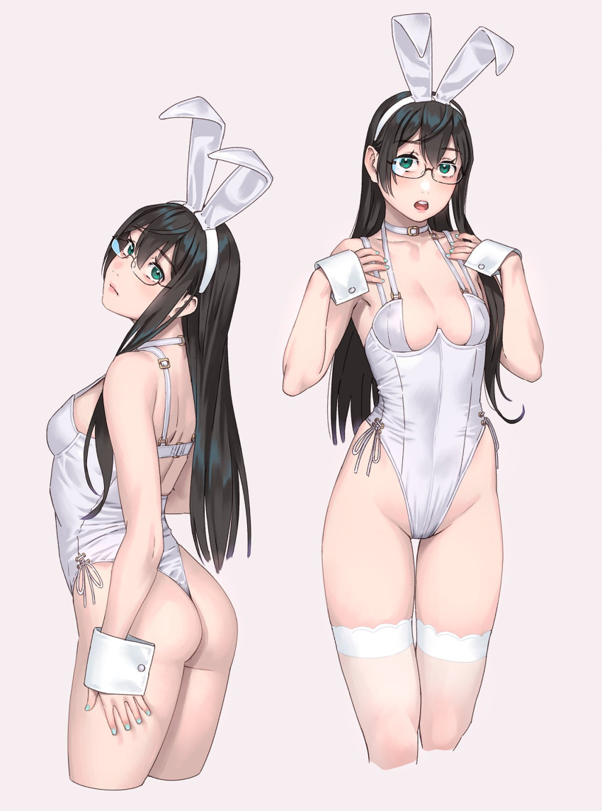 1girl alternate_costume animal_ears ass black_hair blue_nails breasts choker commentary_request cropped_legs fake_animal_ears green_eyes hair_between_eyes highleg highleg_leotard highres kantai_collection leotard long_hair looking_at_viewer multiple_views ooyodo_(kancolle) playboy_bunny rabbit_ears semi-rimless_eyewear simple_background small_breasts thighhighs white_choker white_leotard white_thighhighs white_wrist_cuffs wrist_cuffs yuuji_(and)