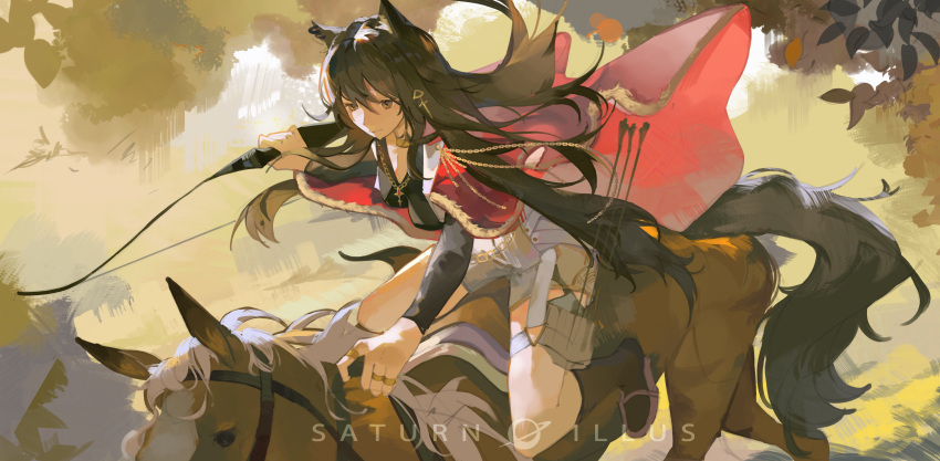 absurdres animal_ear_fluff animal_ears arknights black_hair black_shirt breasts cape cmdr_saturn full_body gold_necklace hair_between_eyes hair_ornament highres horse horseback_riding jewelry long_hair long_sleeves looking_ahead medium_breasts necklace pouch red_cape riding shirt shorts socks tail texas_(arknights) thigh_pouch thigh_strap white_shorts wolf_ears wolf_girl wolf_tail