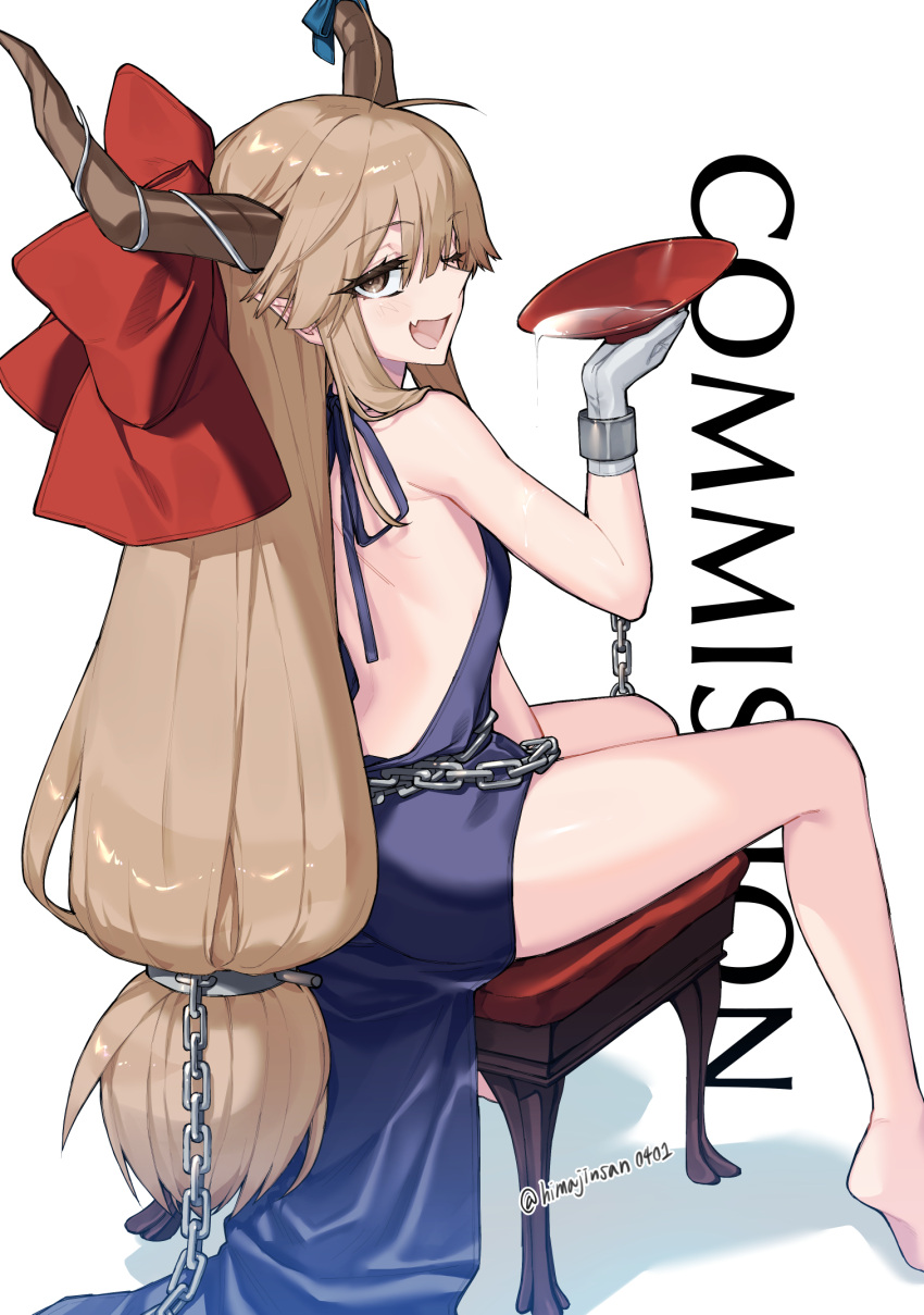 1girl alcohol alternate_costume back barefoot black_dress bow brown_eyes brown_horns chain cocktail_glass commentary_request commission cup dress drinking_glass fang full_body hair_between_eyes hair_bow highres himadera horns ibuki_suika light_brown_hair long_hair looking_at_viewer looking_back low-tied_long_hair medium_bangs open_mouth red_bow sakazuki sake sidelocks simple_background sitting skeb_commission skin_fang smile solo stool thighs touhou very_long_hair white_background