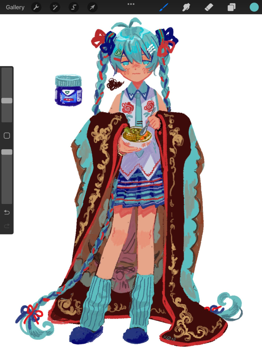 1girl alternate_costume aqua_eyes aqua_hair aqua_socks food hatsune_miku highres k0nfette kneehighs looking_at_viewer socks solo soup user_interface vicks vicks_vaporub vocaloid