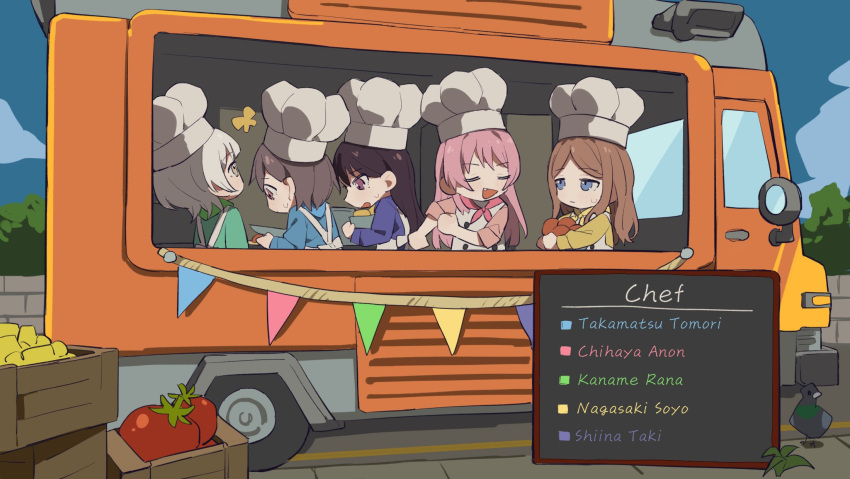 5girls bang_dream! bang_dream!_it's_mygo!!!!! bird blue_eyes blue_shirt blue_sky blush box brown_hair chef_hat chihaya_anon closed_mouth coldcat. commentary commission cooking day english_commentary english_text fang food_truck green_shirt grey_hair hat highres holding holding_knife kaname_raana knife long_hair medium_hair mole mole_under_eye motor_vehicle multiple_girls mygo!!!!!_(bang_dream!) nagasaki_soyo neckerchief open_mouth outdoors pigeon pink_hair pink_neckerchief purple_eyes second-party_source shiina_taki shirt short_hair sky sweatdrop takamatsu_tomori tomato van white_hair white_shirt