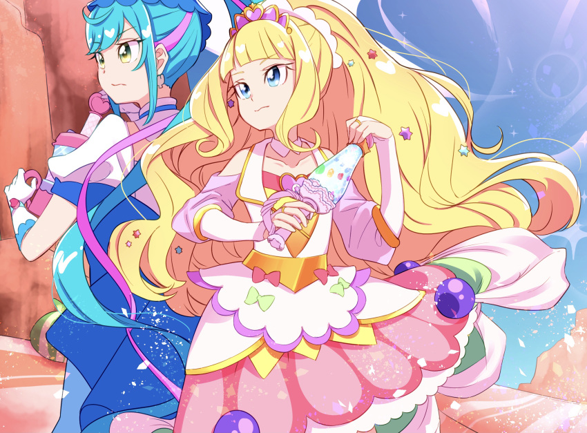 2girls back-to-back back_bow blonde_hair blue_bow blue_dress blue_eyes blue_hair blue_sky blunt_bangs bow bridal_gauntlets candy closed_mouth clothing_cutout creamy_fleuret cure_finale cure_spicy day delicious_party_precure dress earrings elbow_gloves food food-themed_hair_ornament frown fuwa_kokone gloves green_eyes hair_bow hair_ornament heart_juicy_mixer highres holding huge_bow jewelry kasai_amane konpeitou long_hair looking_to_the_side magical_girl medium_dress multicolored_clothes multicolored_dress multicolored_hair multiple_girls outdoors pink_hair precure puffy_short_sleeves puffy_sleeves rope short_sleeves shoulder_cutout side_ponytail sky standing streaked_hair tiara toon_(noin) very_long_hair white_gloves