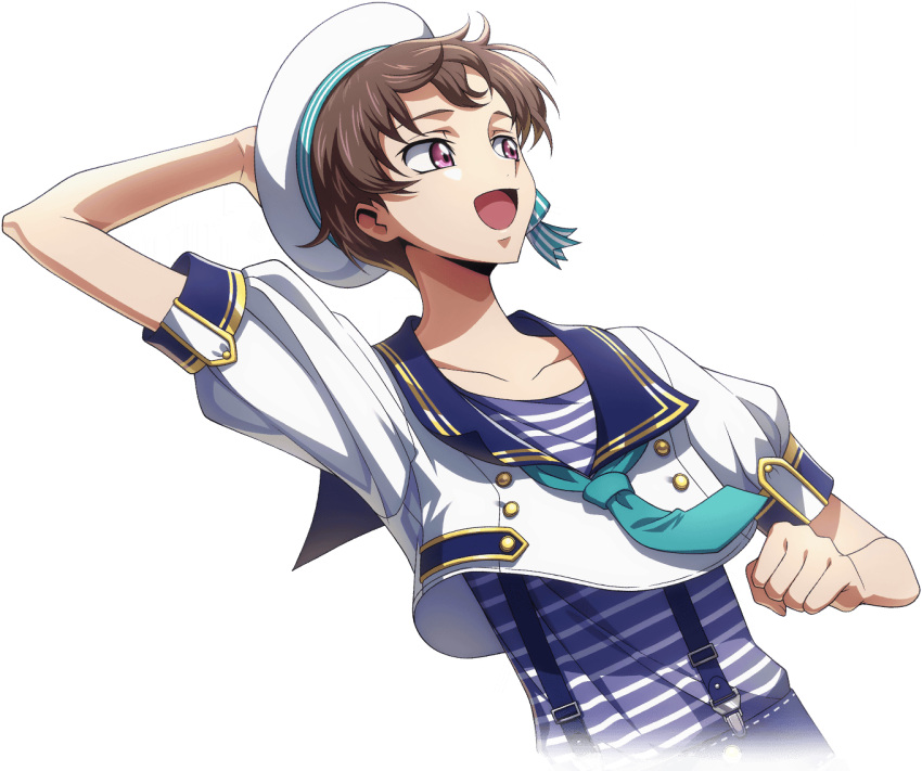 1boy adjusting_clothes adjusting_headwear aqua_necktie arm_up artist_request beret blue_sailor_collar blue_shirt brown_hair buttons clenched_hand code_geass code_geass:_lost_stories collarbone crop_top cropped_torso double-breasted dutch_angle game_cg gold_trim hand_up happy hat looking_back male_focus necktie non-web_source official_art open_mouth purple_eyes rolo_lamperouge running sailor_collar shirt shirt_tucked_in short_hair short_sleeves sidelocks simple_background smile striped_clothes striped_shirt suspenders transparent_background upper_body white_hat white_shirt