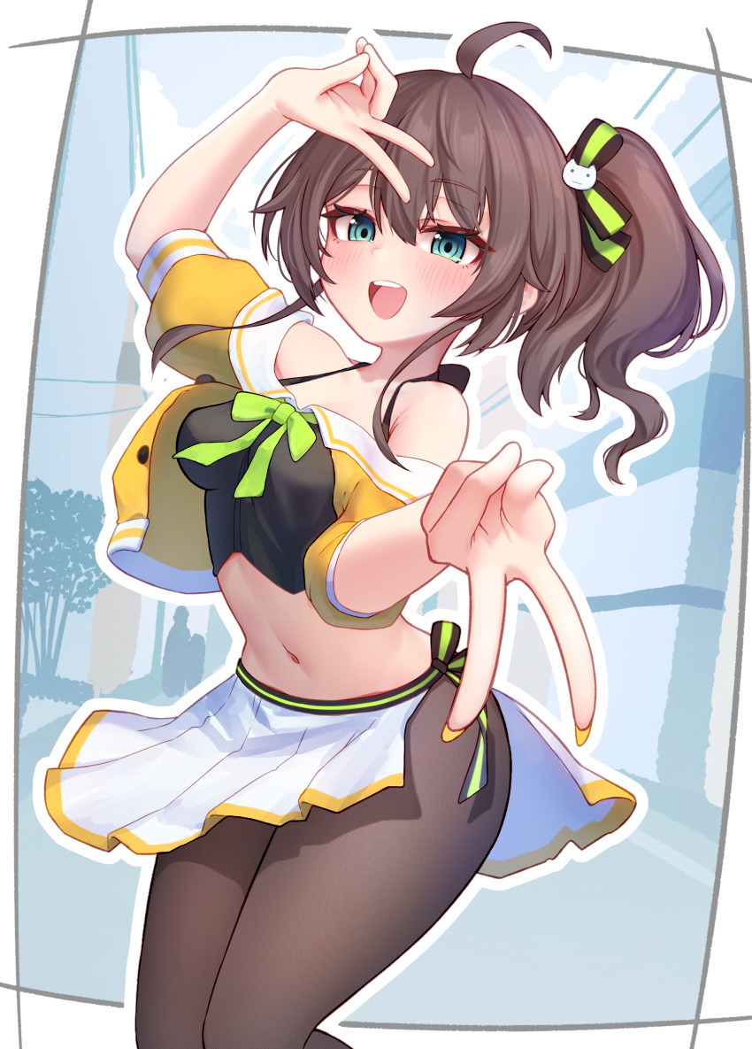 1girl absurdres ahoge aqua_eyes arm_up black_camisole black_pantyhose blush border bow bowtie breasts brown_hair camisole commentary_request double_v fingernails green_bow green_bowtie hair_between_eyes highres hololive jacket looking_at_viewer midriff nail_polish natsuiro_matsuri natsuiro_matsuri_(1st_costume) navel nokonata off-shoulder_jacket off_shoulder open_mouth pantyhose pleated_skirt short_sleeves side_ponytail sketch_background skirt small_breasts smile solo teeth thighs upper_teeth_only v virtual_youtuber white_border white_skirt yellow_jacket yellow_nails