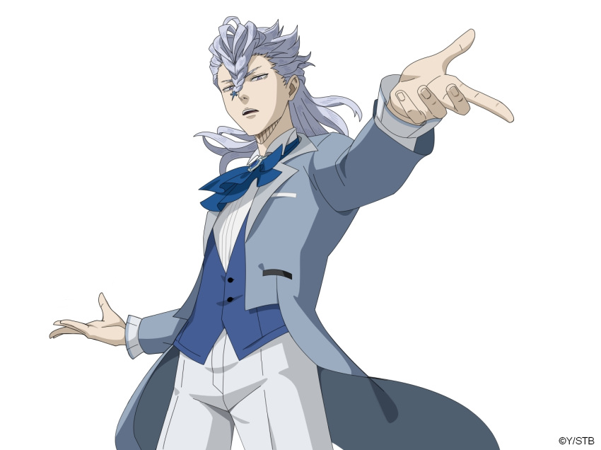 1boy ascot black_clover black_clover_m:_rise_of_the_wizard_king blue_ascot blue_vest braid collared_shirt grey_hair grey_jacket hair_between_eyes jacket looking_at_viewer medium_hair nozel_silva official_alternate_costume official_art open_clothes open_jacket open_mouth pants purple_eyes shirt simple_background solo tuxedo_jacket vest white_background white_pants white_shirt