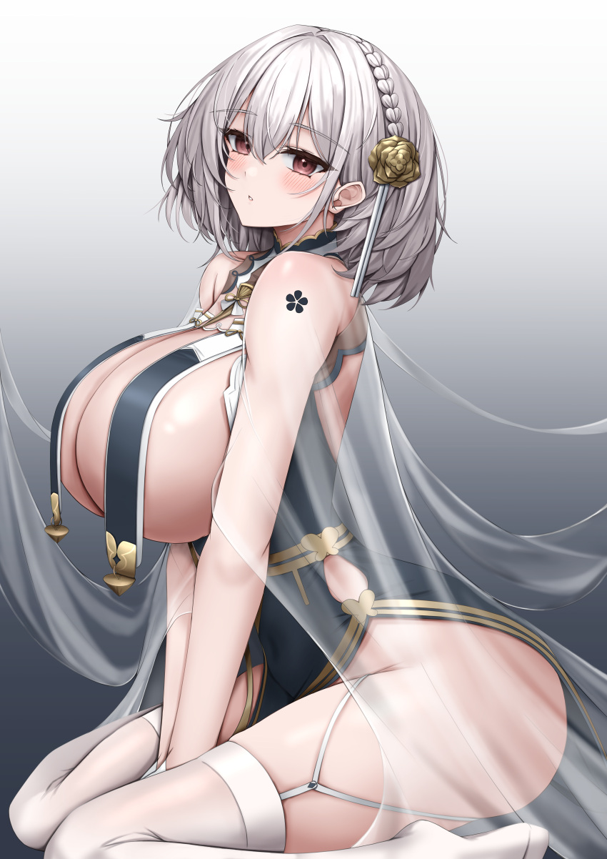 1girl absurdres azur_lane bare_shoulders blush braid breast_curtains breasts commentary_request from_side gradient_background grey_hair hair_between_eyes hair_ornament highres huge_breasts looking_at_viewer looking_to_the_side official_alternate_costume parted_lips red_eyes see-through short_hair sideboob simple_background sirius_(azur_lane) sirius_(azure_horizons)_(azur_lane) solo thighhighs thighs ueyama_0clock white_thighhighs