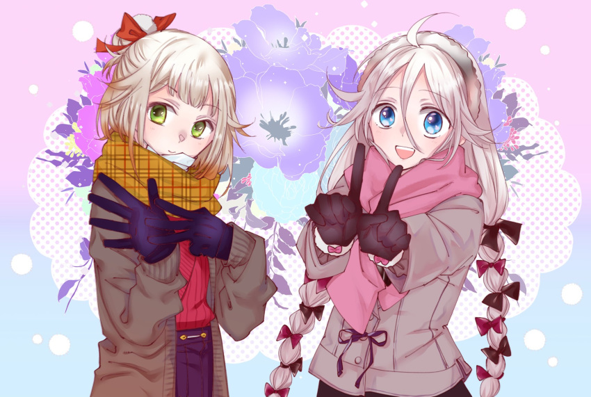 2girls ahoge alternate_costume alternate_hairstyle anniversary black_bow blue_eyes blue_flower bow braid brown_cardigan brown_coat cardigan cevio coat commentary_request cowboy_shot enpera finger_counting floral_background flower gloves gradient_background gradient_hair green_eyes grey_hair hair_between_eyes hair_bow hair_bun hair_ornament hair_ribbon hairband halftone halftone_background highres ia_(vocaloid) kusonoki light_blush long_hair long_sleeves looking_at_viewer low_twin_braids multicolored_hair multiple_girls multiple_hair_bows one_(cevio) open_cardigan open_clothes open_mouth pink_gloves pink_scarf plaid plaid_scarf pleated_skirt pom_pom_(clothes) pom_pom_hair_ornament purple_flower purple_gloves purple_skirt red_bow red_ribbon red_sweater ribbed_sweater ribbon scarf short_hair siblings single_hair_bun sisters skirt smile standing sweater twin_braids unmoving_pattern very_long_hair vocaloid yellow_scarf