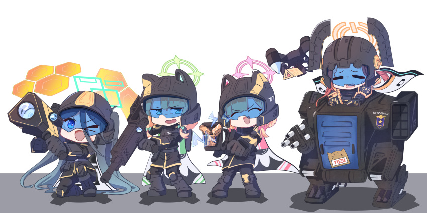4girls absurdres animal_ears aris_(blue_archive) armor black_hair blonde_hair blue_archive blue_eyes cape closed_eyes english_text fake_animal_ears gun hair_between_eyes halo helldivers_(series) helmet hexaa highres holding holding_weapon long_hair mecha midori_(blue_archive) momoi_(blue_archive) multiple_girls red_hair robot short_hair siblings sisters twins very_long_hair weapon yuzu_(blue_archive)