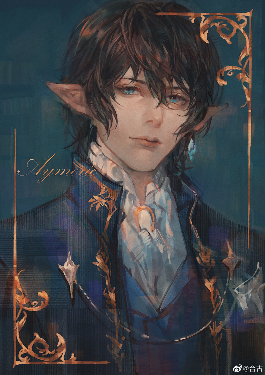 1boy absurdres aymeric_de_borel blue_background blue_eyes blue_jacket blue_vest border brown_hair chinese_commentary closed_mouth collared_jacket collared_shirt commentary_request diamond_earrings earrings expressionless eyelashes final_fantasy final_fantasy_xiv hair_between_eyes high_collar highres jacket jewelry lapels looking_at_viewer male_focus open_clothes open_jacket ornate_border pink_lips pointy_ears realistic shirt short_hair simple_background single_earring solo sukly upper_body v-neck vest watermark weibo_logo weibo_username white_shirt