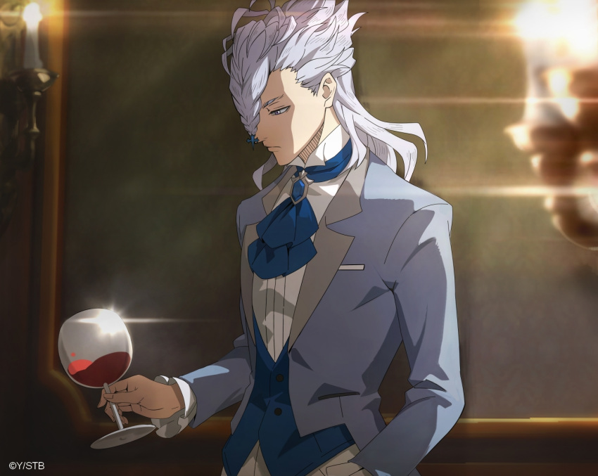 1boy ascot black_clover black_clover_m:_rise_of_the_wizard_king blue_ascot blue_vest braid collared_shirt cup drinking_glass grey_hair grey_jacket hair_between_eyes holding holding_cup indoors jacket looking_at_object medium_hair nozel_silva official_alternate_costume official_art open_clothes open_jacket purple_eyes shirt solo vest white_shirt wine_glass