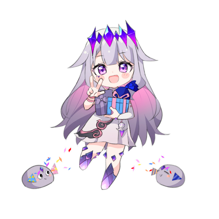 1girl :&gt; :d absurdres ame. blush_stickers box chibi closed_eyes closed_mouth commentary confetti dress english_commentary gift gift_box grey_dress grey_hair highres holding holding_gift hololive hololive_english koseki_bijou long_hair long_sleeves looking_at_viewer material_growth party_popper pebble_(koseki_bijou) pink_hair purple_eyes simple_background single_sleeve smile standing standing_on_one_leg v very_long_hair virtual_youtuber white_background