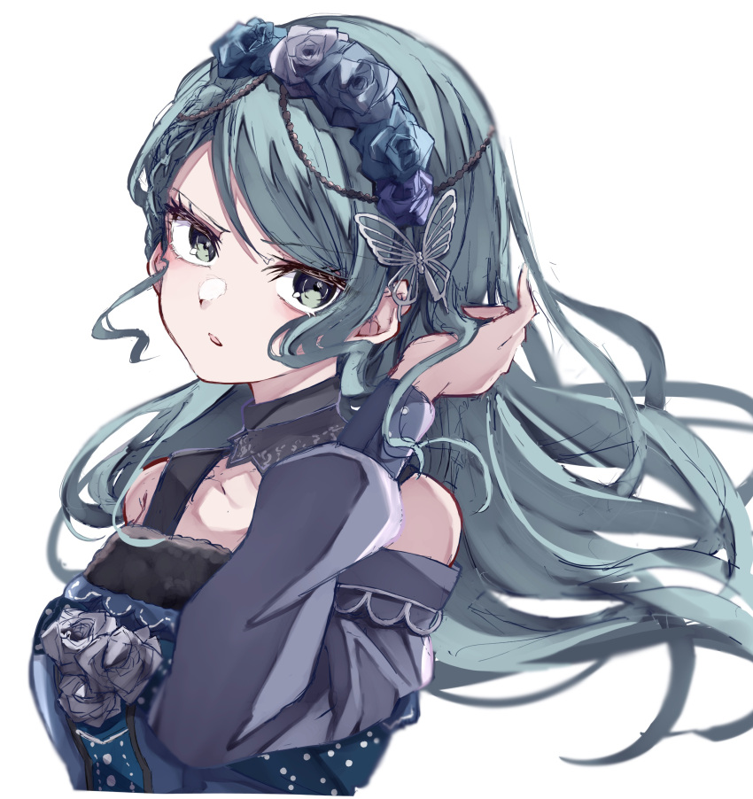 1girl absurdres aqua_eyes aqua_hair bang_dream! blue_dress blue_flower blue_rose collarbone commentary_request dress floating_hair flower highres hikawa_sayo long_hair long_sleeves nuruponnu open_mouth rose sidelocks simple_background solo tucking_hair upper_body white_background