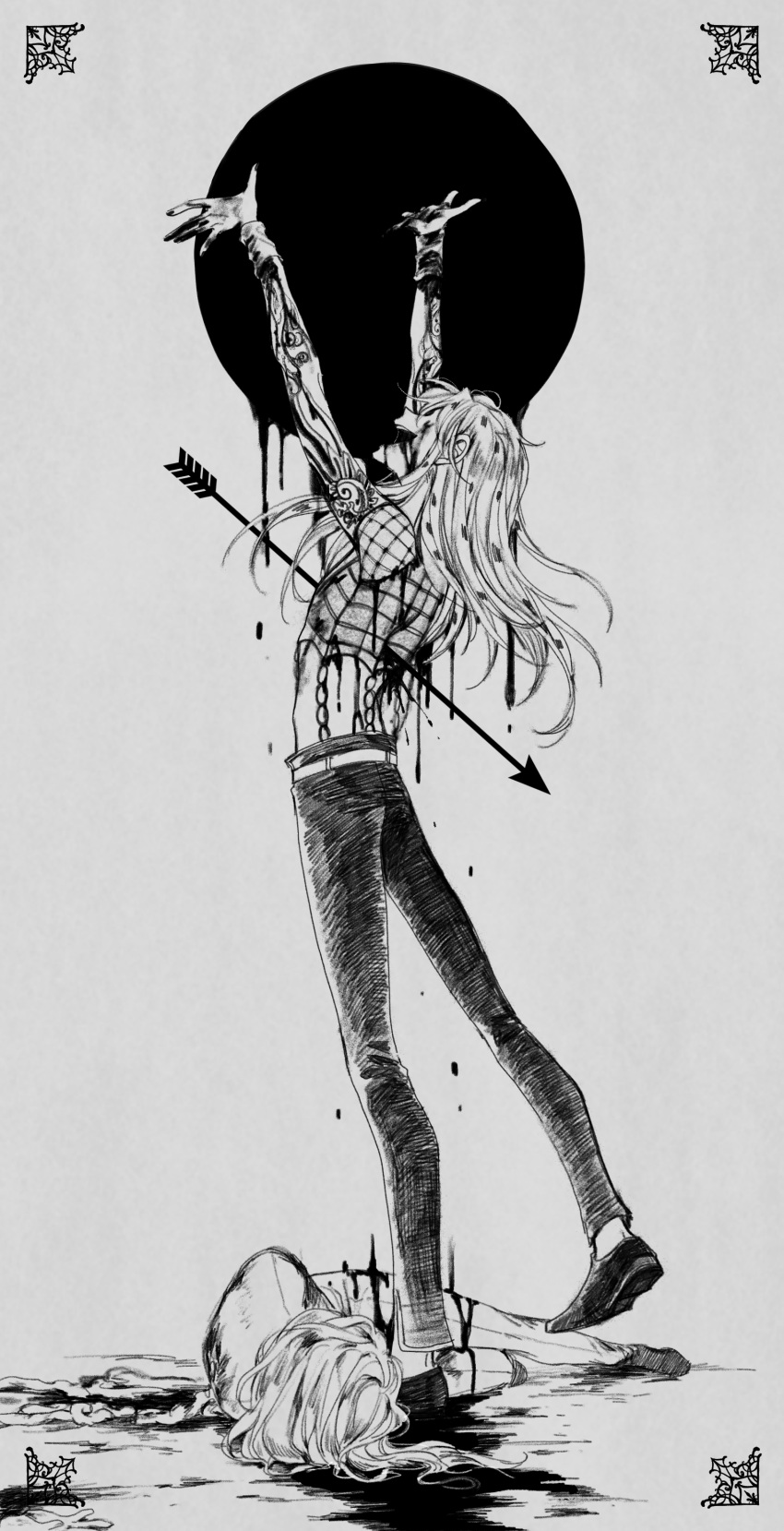 2boys absurdres alternate_universe arm_tattoo arms_up arrow_(projectile) blood blood_drip blood_on_face colored_pencil_(medium) commentary_request corpse diavolo fishnet_top fishnets giorno_giovanna greyscale highres impaled jojo_no_kimyou_na_bouken male_focus monochrome multiple_boys open_mouth sempon_(doppio_note) smile spotted_hair tattoo traditional_media vento_aureo