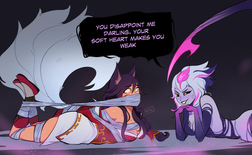 2girls ahri_(league_of_legends) aleriy animal_ears artist_name bdsm black_hair black_sclera black_shirt bondage bound breasts cleavage collarbone colored_sclera commission english_text evelynn_(league_of_legends) eye_contact facial_mark feet_up fox_ears fox_girl fox_tail grey_hair grin highres large_breasts league_of_legends long_hair long_sleeves looking_at_another lying multiple_girls on_stomach pink_hair shirt slit_pupils smile speech_bubble tail teeth whisker_markings yellow_eyes