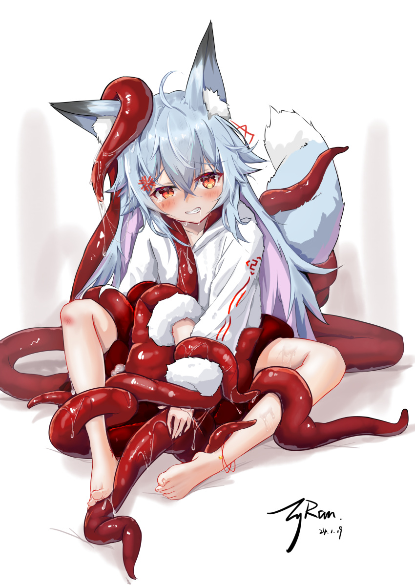 1girl absurdres animal_ear_fluff animal_ears bare_legs barefoot blue_hair bound bound_wrists drooling fox_ears fox_girl fox_tail full_body fur-trimmed_sleeves fur_trim highres hood hood_down hoodie light_blue_hair long_hair long_sleeves lyran mucus multicolored_hair orange_eyes original pink_hair saliva slimy tail tears tentacle_around_neck tentacles tentacles_under_clothes two-tone_hair white_hoodie