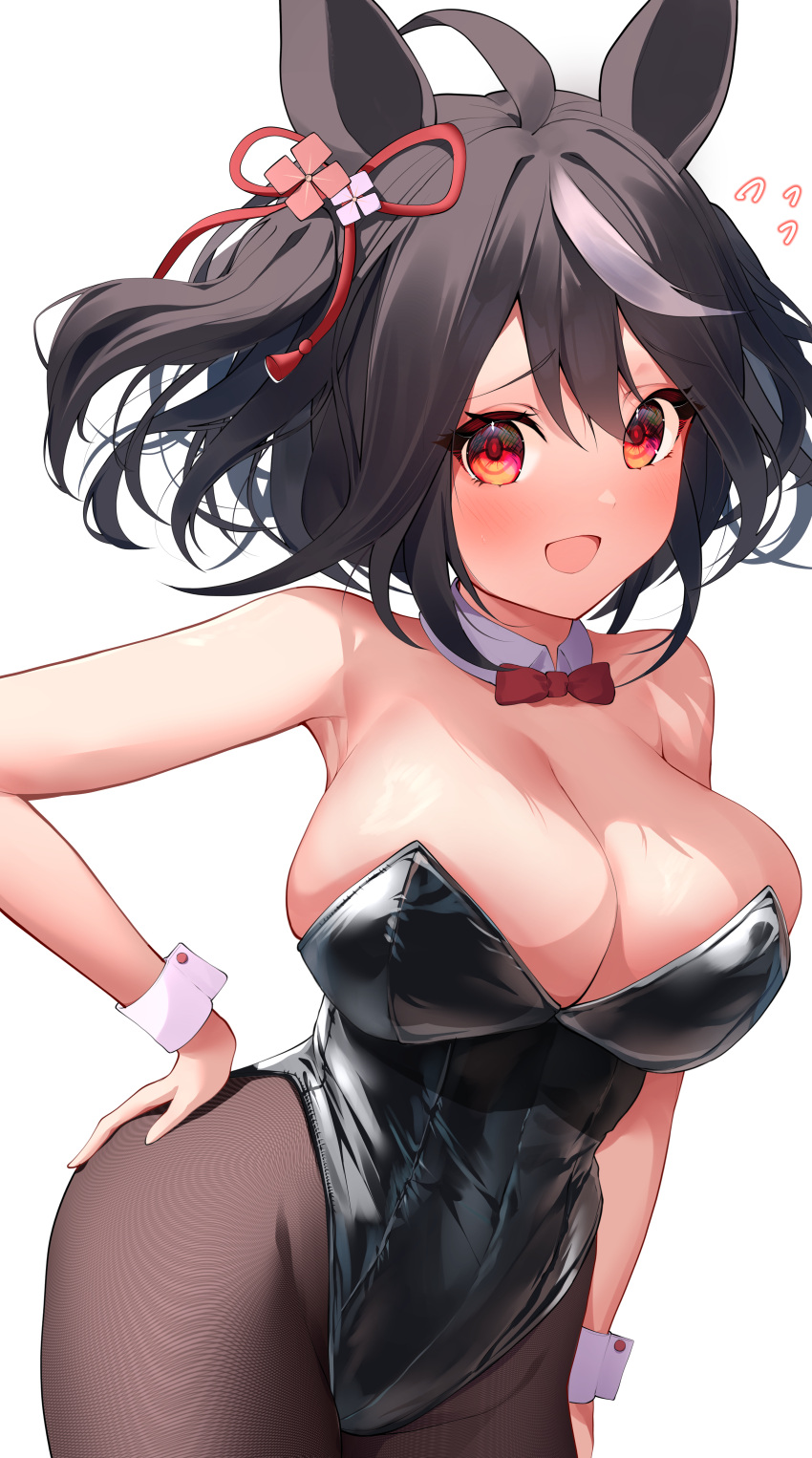 1girl :d absurdres ahoge alternate_costume armpits bare_shoulders black_hair black_leotard bow bowtie breasts brown_pantyhose cleavage commentary_request detached_collar ear_ribbon embarrassed flying_sweatdrops furrowed_brow hand_on_own_hip highres horse_girl kitasan_black_(umamusume) large_breasts leotard looking_at_viewer multicolored_hair one_side_up open_mouth pantyhose playboy_bunny red_bow red_bowtie red_eyes red_ribbon ribbon short_hair shumai_il smile solo streaked_hair umamusume white_hair wrist_cuffs