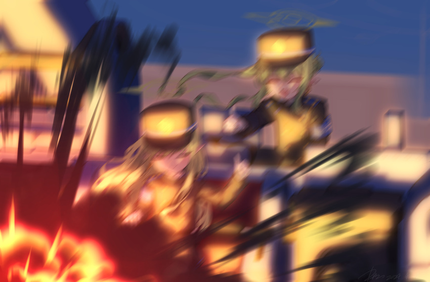 2girls blue_archive commentary_request explosion explosion_gag fire green_hair green_halo halo hat highres hikari_(blue_archive) kisamu_(ksmz) long_hair motion_blur multiple_girls nozomi_(blue_archive) shako_cap thumbs_up