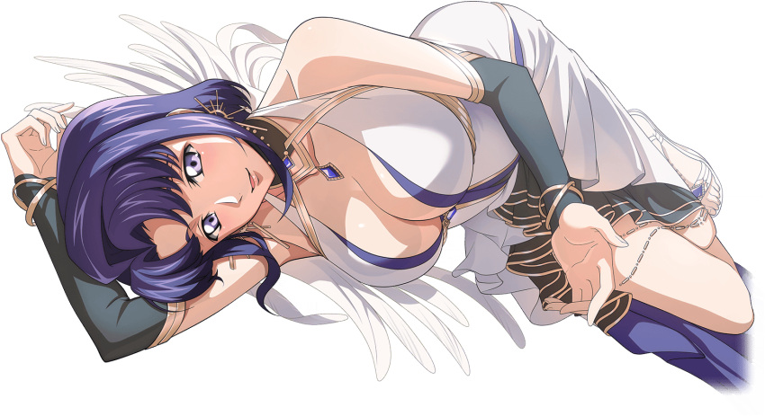 1girl arm_up artist_request bangle bare_shoulders beckoning black_sleeves blue_eyes blue_gemstone blue_hair blush bracelet breasts brooch cecile_croomy cleavage code_geass code_geass:_lost_stories collarbone detached_sleeves dress dutch_angle earrings full_body game_cg gem gold_trim happy jewelry large_breasts light_blush long_dress looking_at_viewer lying non-web_source official_art on_side open_mouth sandals short_hair sidelocks simple_background sleeveless sleeveless_dress smile solo transparent_background white_dress white_footwear