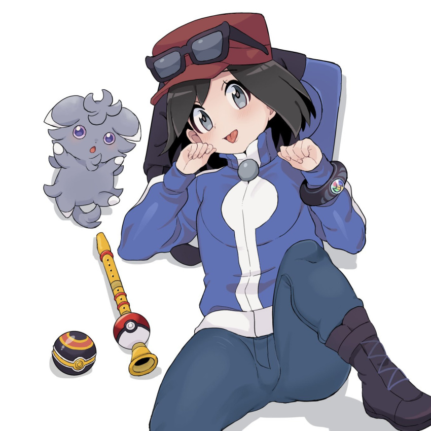 1boy boots bracelet calem_(pokemon) clenched_hands commentary_request espurr eyelashes eyewear_on_headwear flute from_above grey_eyes hands_up hat highres instrument jacket jewelry long_sleeves luxury_ball lying male_focus on_back pants poke_ball pokemon pokemon_(creature) pokemon_xy red_hat sana_(37pisana) sunglasses tongue turtleneck turtleneck_jacket